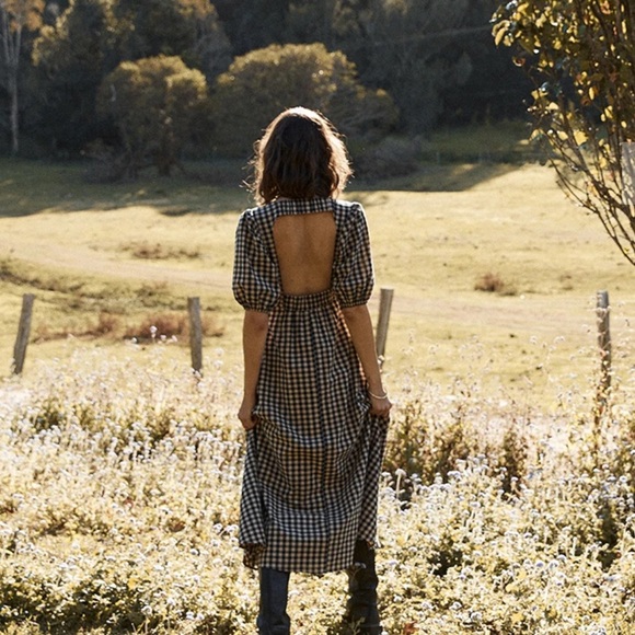 SOLD - Elm Beige Gingham Midi Dress - Picture 2 of 13